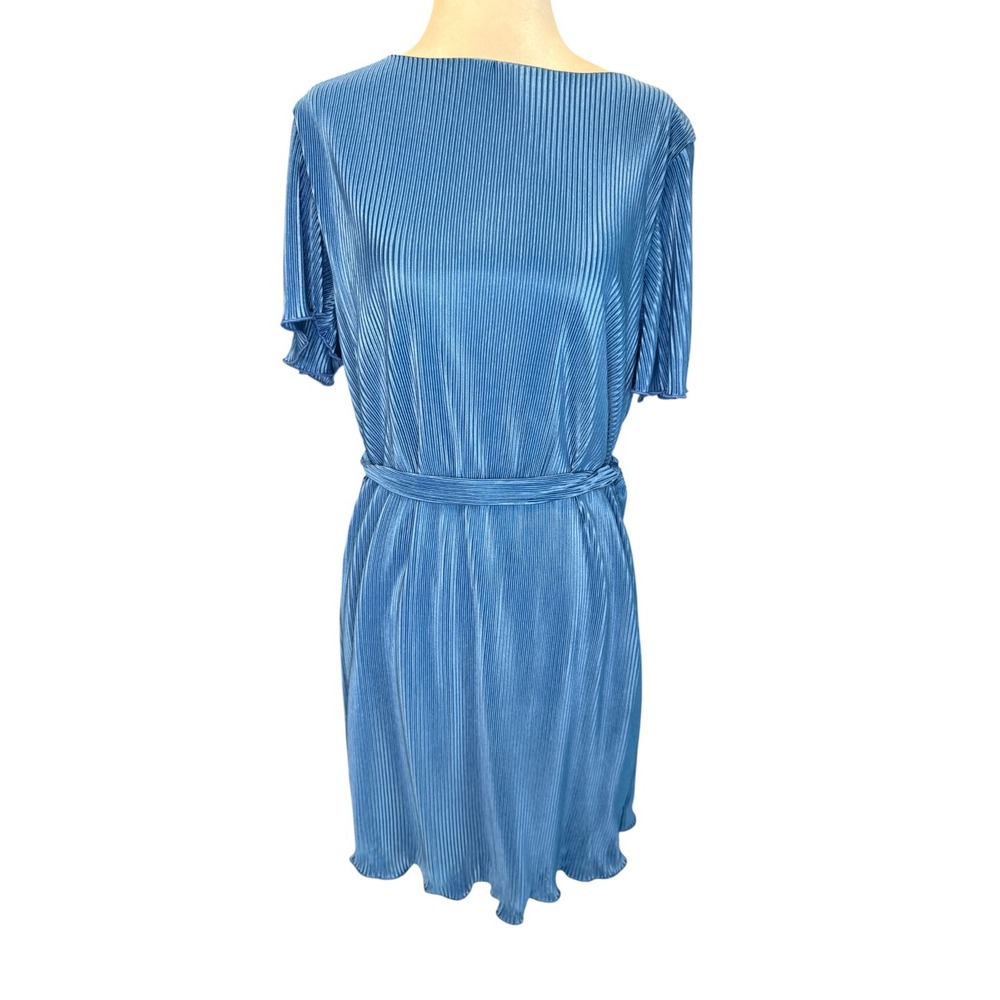Cupshe Blue Plisse Pleated Mini‎ Dress Short Sleeve Tie Waist Medium NWT